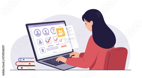Woman using laptop for online survey or test with checklist and profile icons.