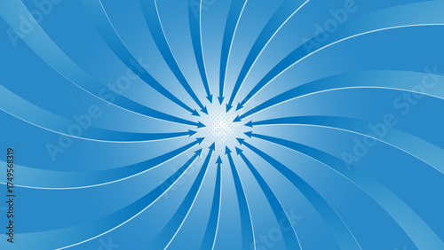 スパイラル状に集まる青い矢印の背景｜循環・流れ・データ・エネルギーの集中