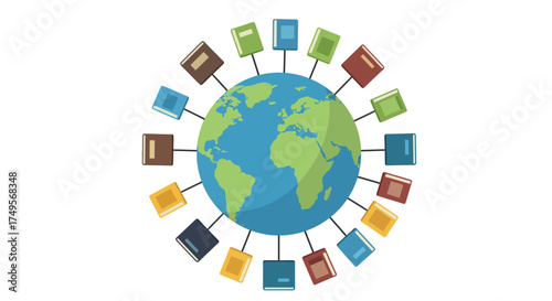 Illustration of a globe surrounded by books, representing global knowledge and education.