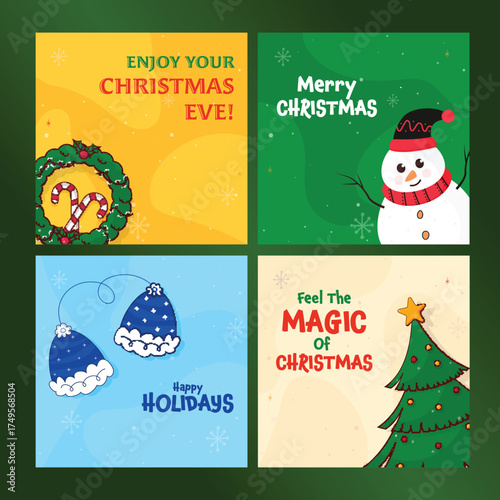 Merry Christmas and Happy Holidays Social Media Posts in Four Color Options with Festival Elements.