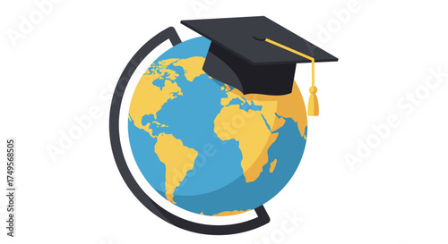 Illustration of a globe with a graduation cap on top, symbolizing global education.