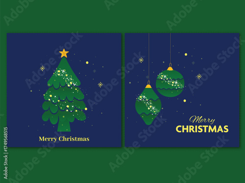 Merry Christams Social Media Post Template Set with Xmas Tree, Baubles Hang in Blue and Green Theme.