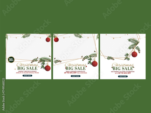 Christmas Big Sale Social Media Post Template Set with Image Placeholder and Christmas Balls Hang on White Background.