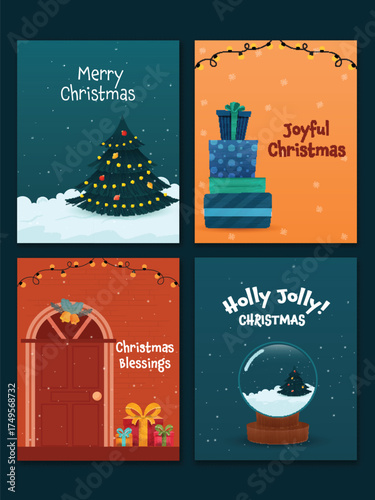 Merry Christmas Social Media Post Templates Set with Festival Elements in Various Color Options.