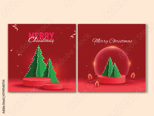 Merry Christams Social Media Post Template Set in Red Theme with Green Xmas Tree.