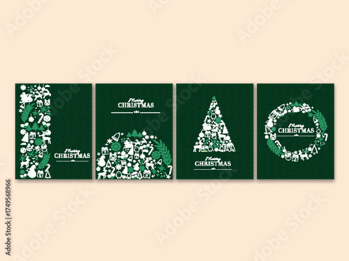 Merry Christmas Greeting Card Templates Set in Green Theme with Festival Elements.