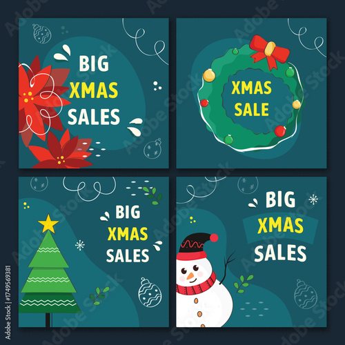 Xmas Big Sale Social Media Post Template Set with Festival Elements in Teal Blue Theme.