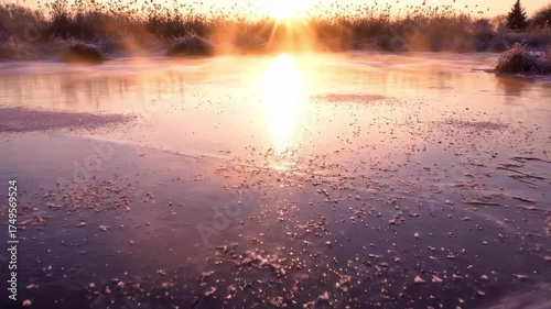 sunrise colorful - A serene winter landscape at sunrise, featuring a frozen pond surrounded by mist and golden light, with silhouettes of trees and leaves scattered on the ice
