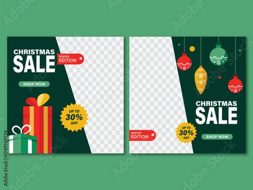 Christmas Sale Social Media Post Templates Set with Image Placeholder in Png and Green Theme.