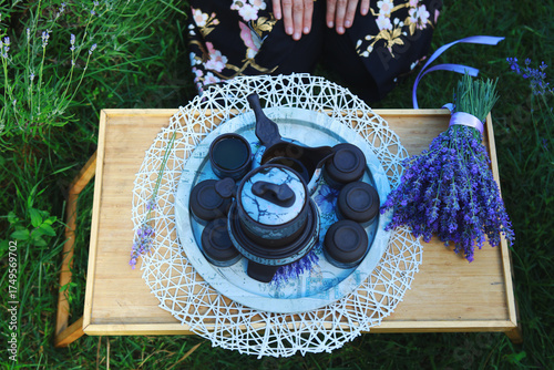 Chinese tea ceremony in a lavender field