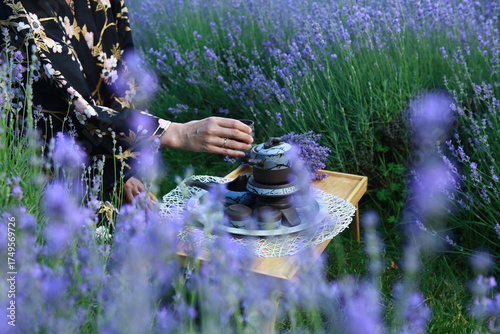 Chinese tea ceremony in a lavender field