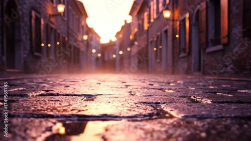 sunrise colorful - A cobblestone street glistens after rain, illuminated by ambient streetlights at dusk, creating a serene, atmospheric scene in a quiet historical town