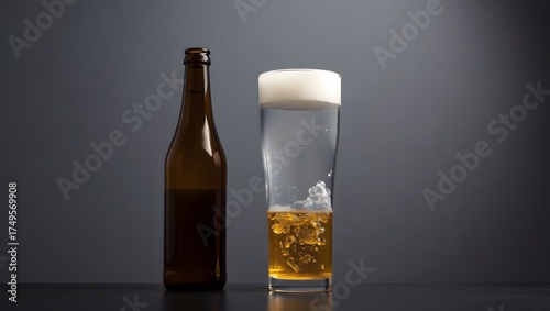 A cold bottle of brown beer and full glass on a white background with subtle reflection