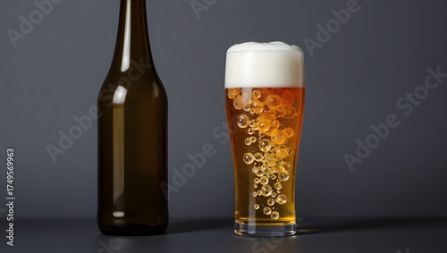 Golden lager beer in a frosty glass mug with white foam and bubbles, isolated on a dark background