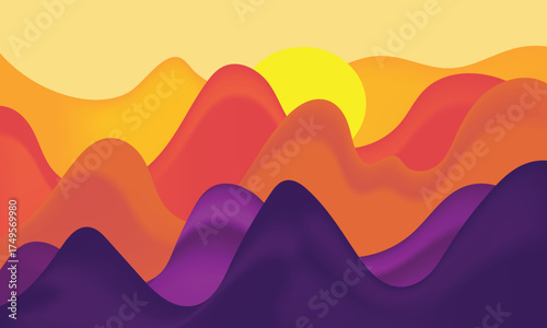 Mountain landscape with a dawn. Sunset. Mountainous terrain