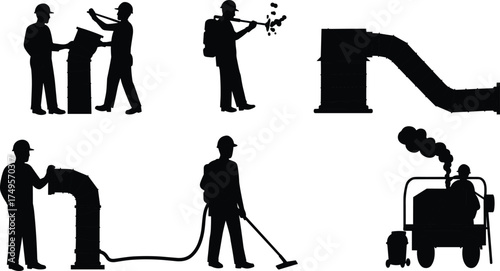 Silhouette of HVAC technicians cleaning air ducts, industrial ventilation maintenance, workers using vacuum and blower machine for air system repair