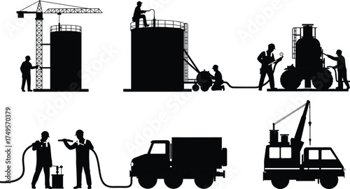 Silhouette of industrial workers operating fuel tanks, trucks, and cranes, oil storage maintenance, construction site management, and heavy machinery operation illustration