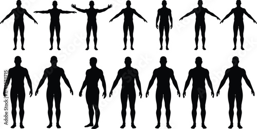 Silhouette of male human body in multiple poses, anatomy shape collection, muscular man figure standing, arms open and side view, black vector illustration