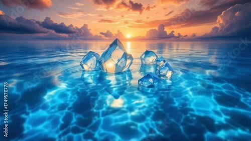 Ice Cubes in Ocean at Sunset - A Refreshing Visual Experience.