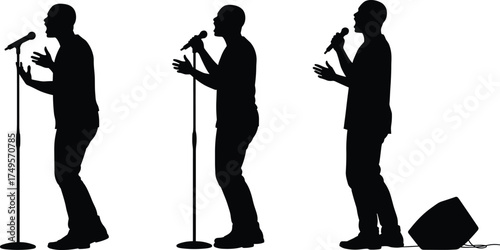 Silhouette of male singer performing on stage with microphone, expressive concert artist illustration showing music performance, entertainment, and live show concept