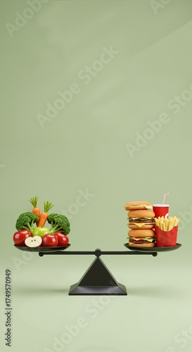 Healthy and unhealthy food in balance on a scale