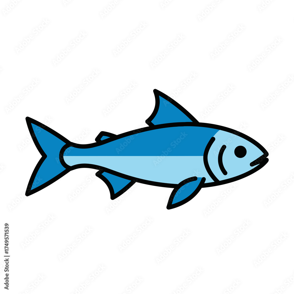 Naklejka premium Simple blue fish icon illustration, swimming or marine life symbol isolated on a white background. Cartoon sea animal graphic.