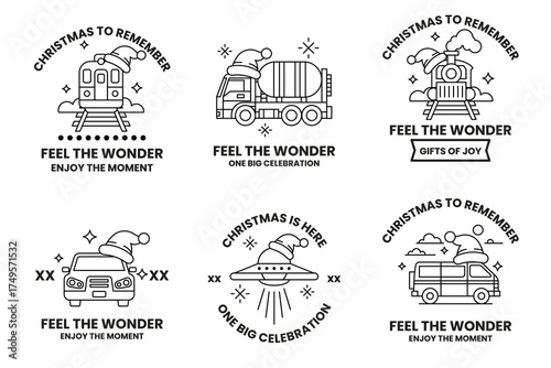 A set of six Christmas-themed stickers with a truck, train, and other vehicles