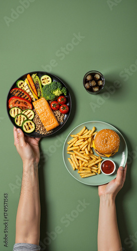 Hands holding plates with healthy and unhealthy food choices