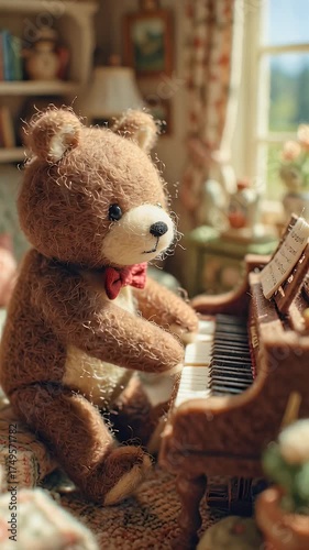 Teddy bear playing piano indoors with soft lighting and floral accents