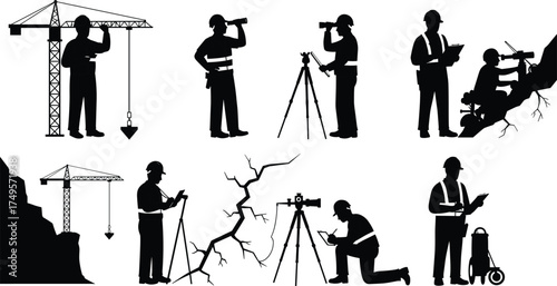 Silhouette of surveyors and engineers using measuring equipment, land surveying tools, geotechnical analysis, and construction site inspection, mapping and civil engineering concept illustration