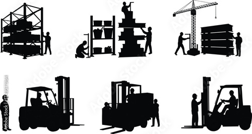 Silhouette of warehouse workers operating forklifts, organizing storage shelves, lifting materials, logistics teamwork, industrial warehouse management, and cargo transportation concept illustration