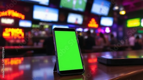 Phone with Green Screen in Sports Bar - A Night Out.