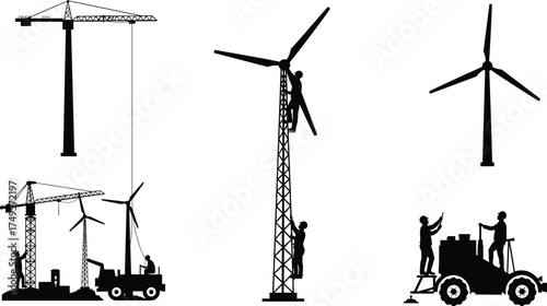 Silhouette of wind turbine construction with crane and workers, renewable energy installation, wind power maintenance, clean energy technology, sustainable industrial development concept