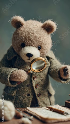 Teddy bear detective examining documents with magnifying glass indoor studio