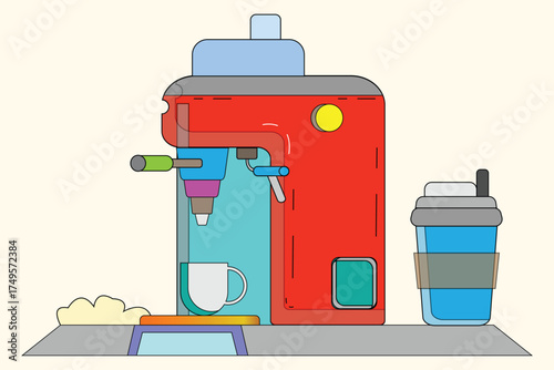 A colorful coffee machine dispenses coffee into a cup next to a takeaway cup a bright and cheerful illustration