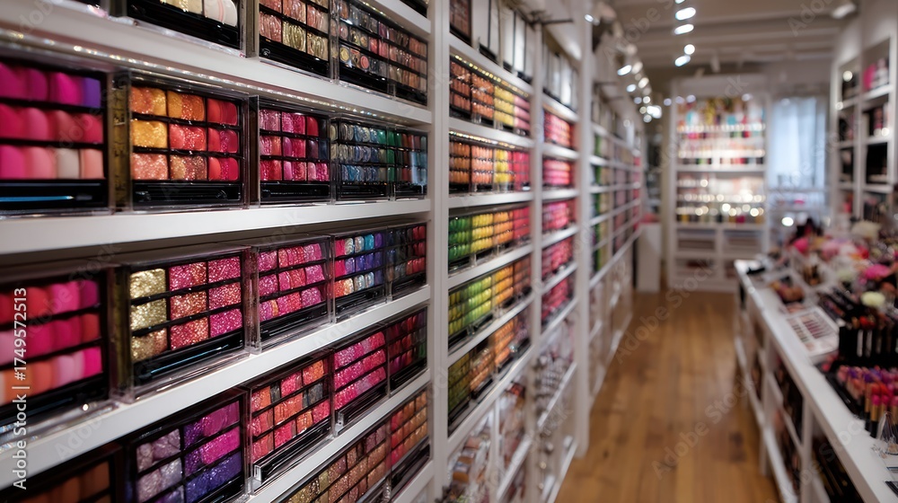 custom made wallpaper toronto digitalA brightly lit cosmetics store displays rows of colorful makeup palettes.