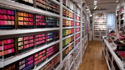 Wallpaper Mural A brightly lit cosmetics store displays rows of colorful makeup palettes. Torontodigital.ca
