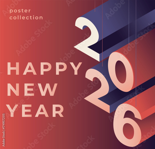 Bold Happy New Year 2026 poster with large 3D-style numbers in red and purple tones, modern geometric layout on a gradient red background. Vector illustration