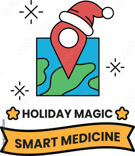 A holiday magic smart medicine banner with a red and green map and a Santa hat