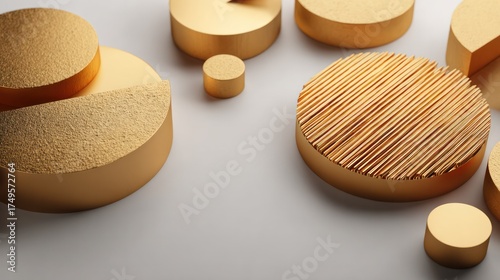 Abstract arrangement of various geometric shapes including discs and cylinders in neutral beige and textured striped patterns on a white background
