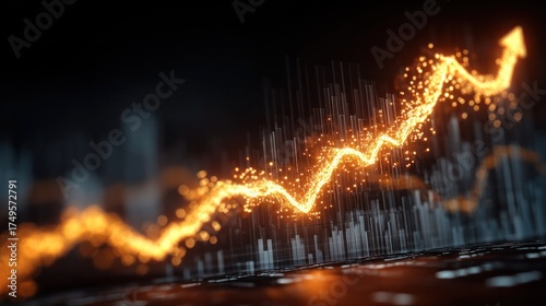Abstract financial growth chart with bright glowing upward trend line and digital data background representing stock market increase and economic progress