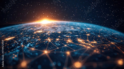 Stunning view of Earth from space du sunrise with illuminated continent lights and stars in the background showcasing the beauty of our planet from orbit