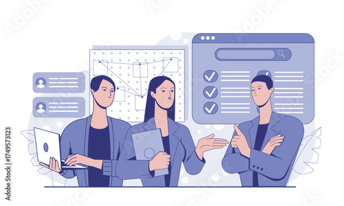 Group of business people collaborating with charts and checklists on digital interface, modern flat graphic style, on light background. Concept of teamwork. Vector illustration
