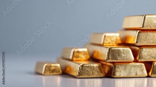 Shiny gold bullion bars stacked in a pyramid arrangement on a smooth surface with a neutral background illustrating precious metal investment and wealth