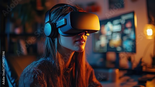 Woman wea virtual reality headset with headphones experiencing immersive digital environment in modern gaming setup with glowing screens and ambient lighting