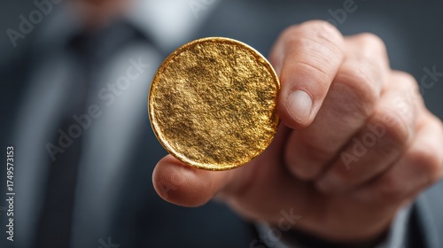 Close-up of a person holding a shiny gold coin between their thumb and forefinger against a blurred background, emphasizing wealth and financial success concepts