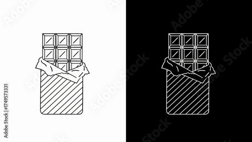 Outlined Chocolate Bar with Unwrapped Foil in Black and White Minimal Vector Style