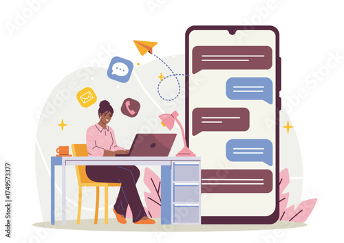 Woman working on laptop at desk with large smartphone showing chat messages, colorful icons floating, flat style on light background. Concept of communication. Vector illustration
