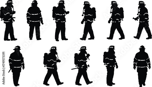 Silhouette set of firefighters walking in uniform with safety helmets and gear, emergency rescue team concept, fire department illustration for design