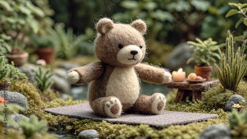 Teddy bear meditating in lush garden environment with soft lighting